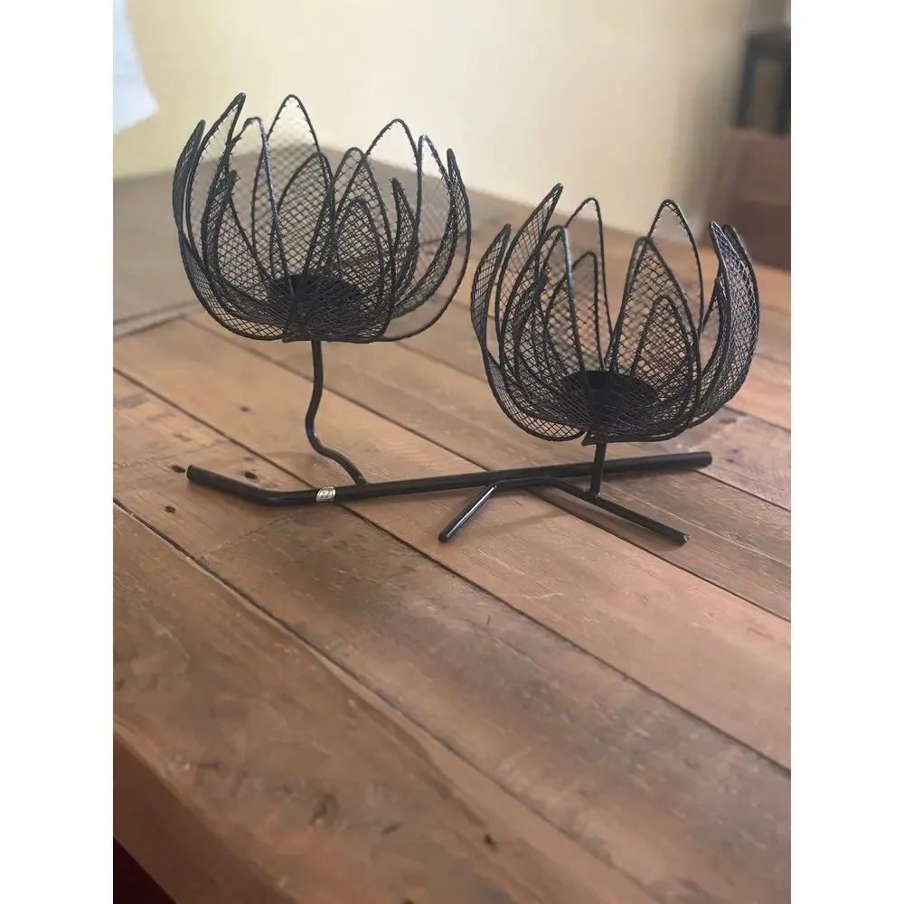 Black Metal Wire Lotus Flower Double Tealight Candle Holder – Centerpiece
